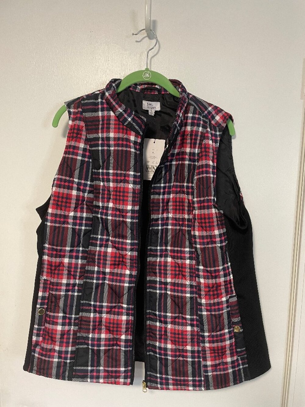 Kim Rogers Women's XL Quilted Vest Black Red Plaid Side Rib Full Zip NWT